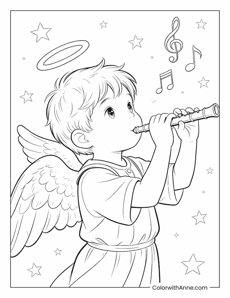 Angel Playing the Flute with Music Notes Coloring Page