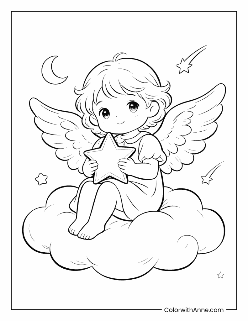 Angel Sitting on a Cloud and Holding a Star Coloring Page