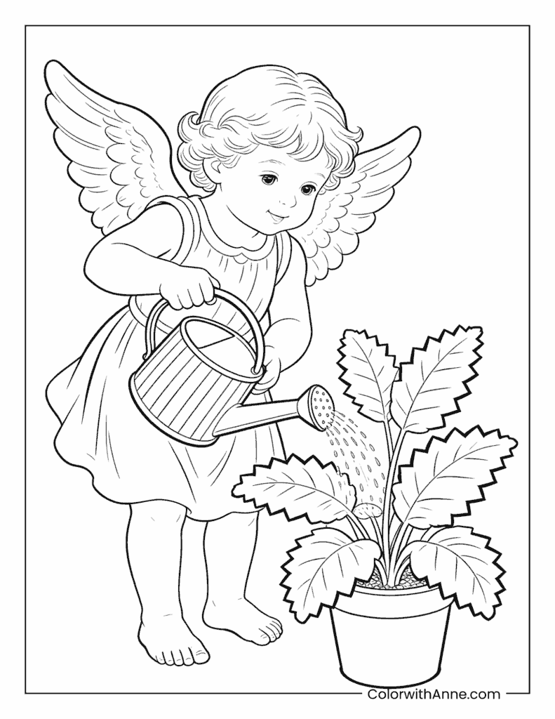 Angel Watering a Plant with a Watering Can Coloring Page