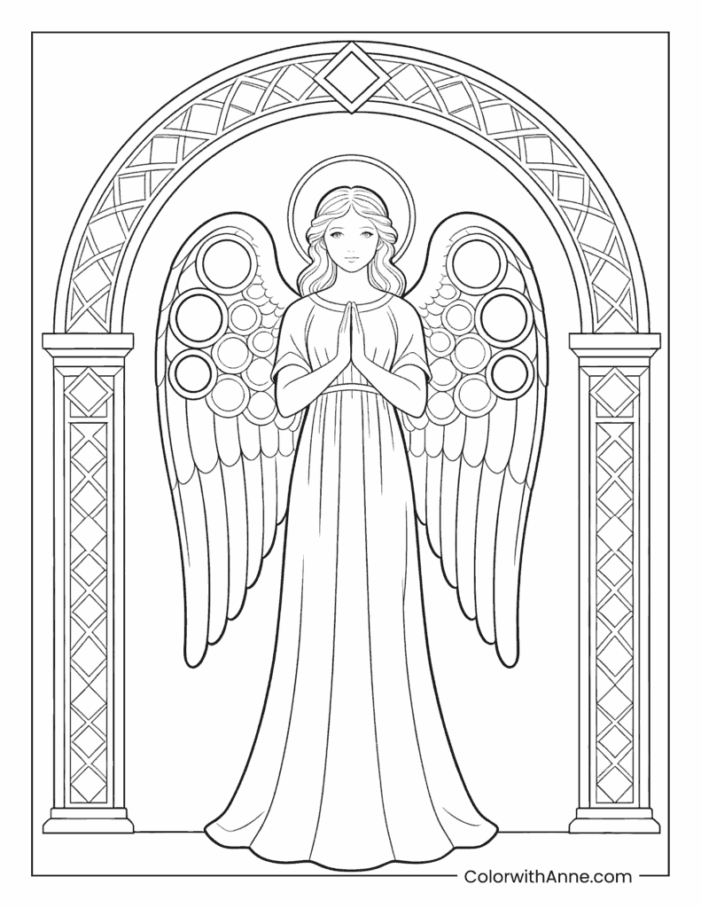 Angel in Prayer Under an Archway Coloring Page