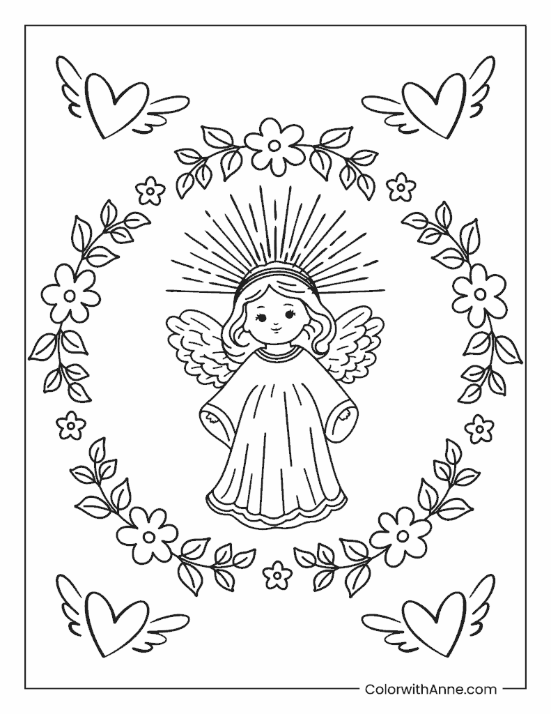 Angel in a Floral Wreath of Love Coloring Page