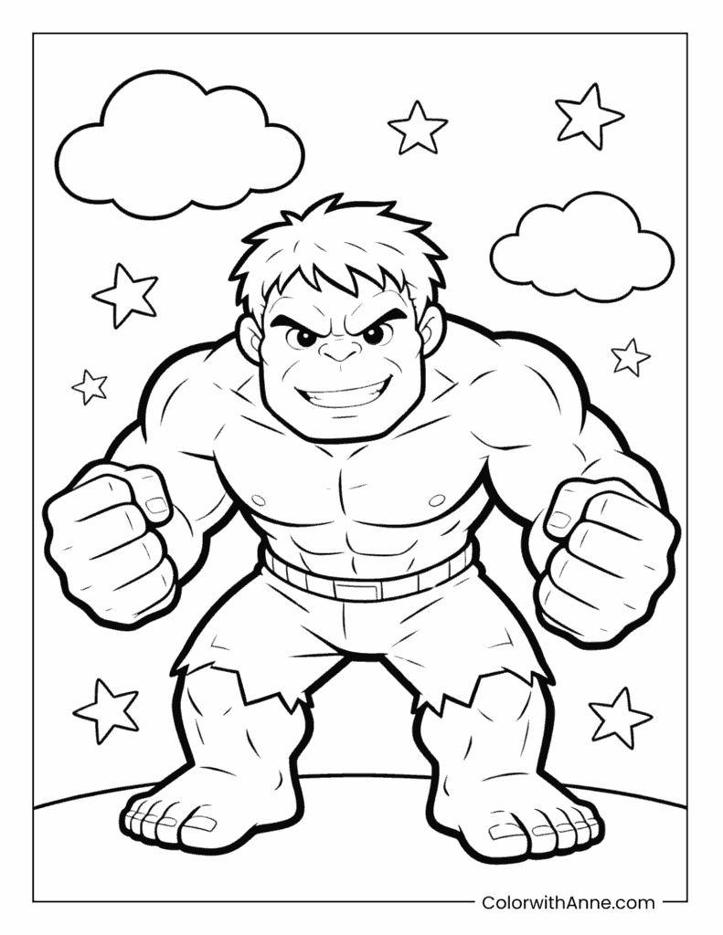 Angry Hulk with Clouds and Stars Coloring Page