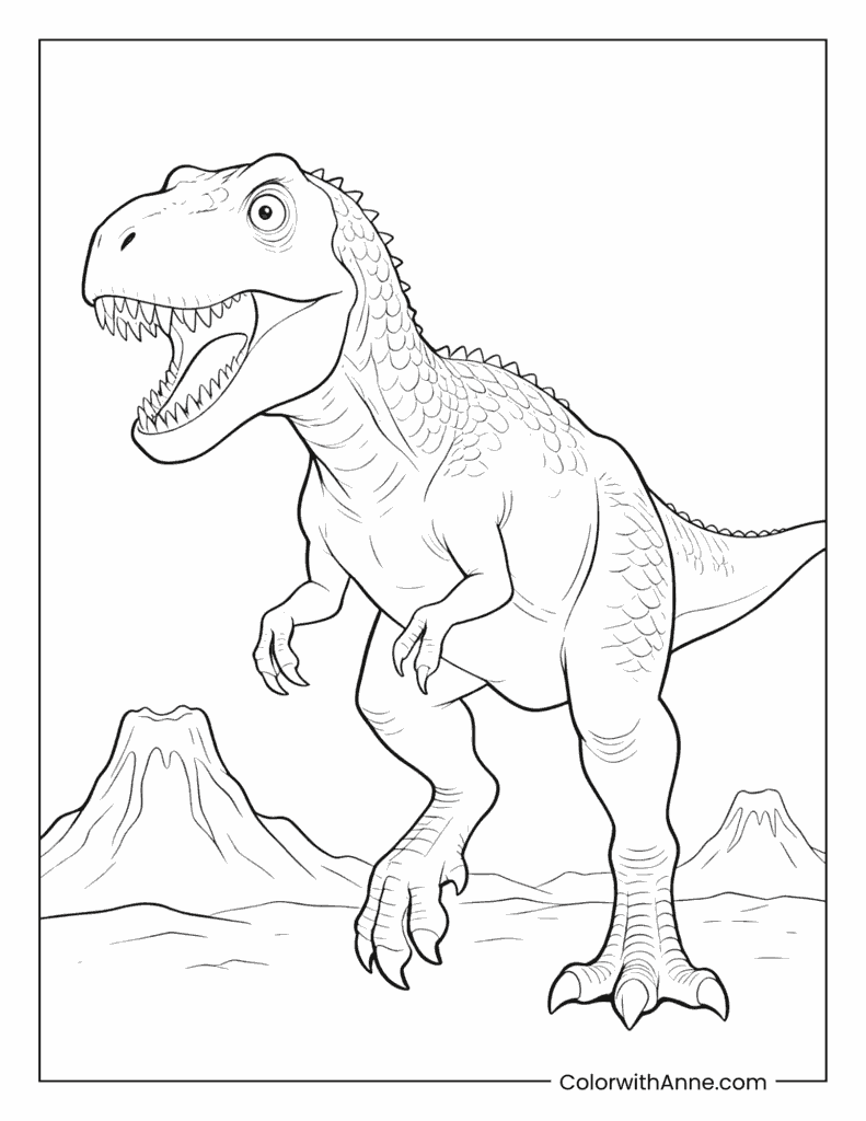 Angry T-Rex Standing on a Mountain Landscape Coloring Page
