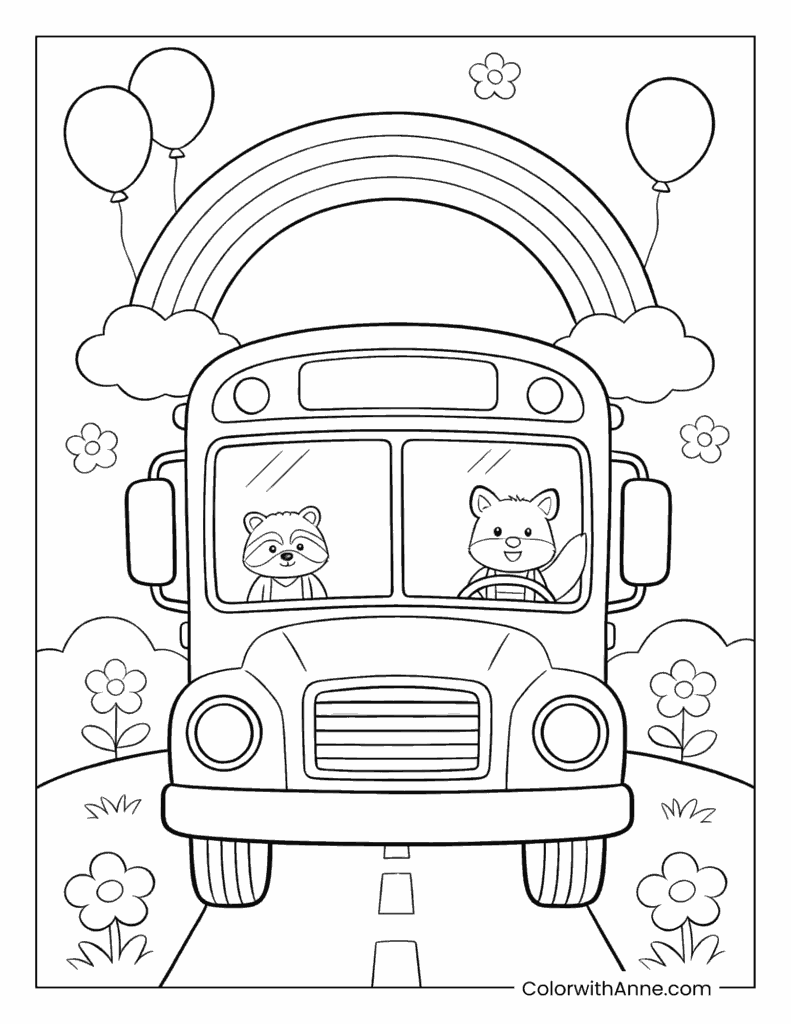 Animal Crew Driving a School Bus Under a Rainbow Coloring Page