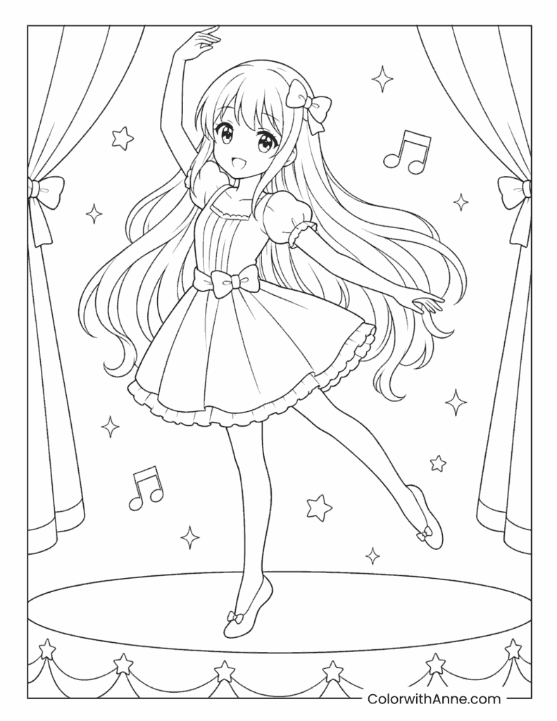 Anime Ballerina Girl on Stage Coloring Page