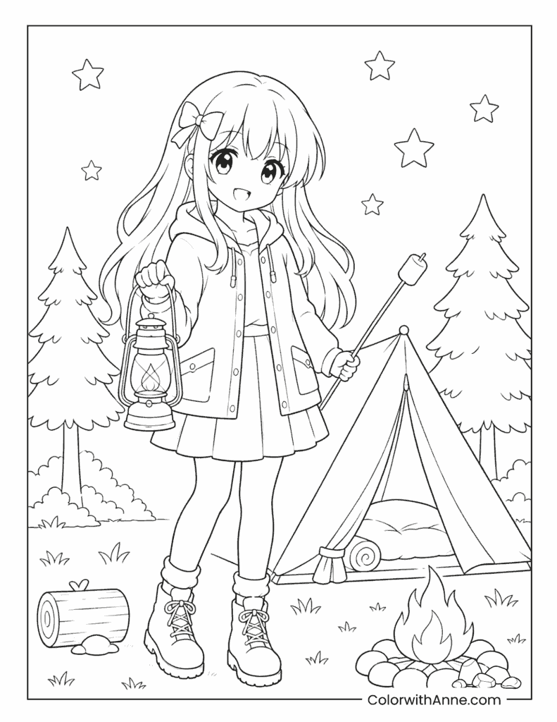 Anime Girl Camping with Lantern and Campfire Coloring Page