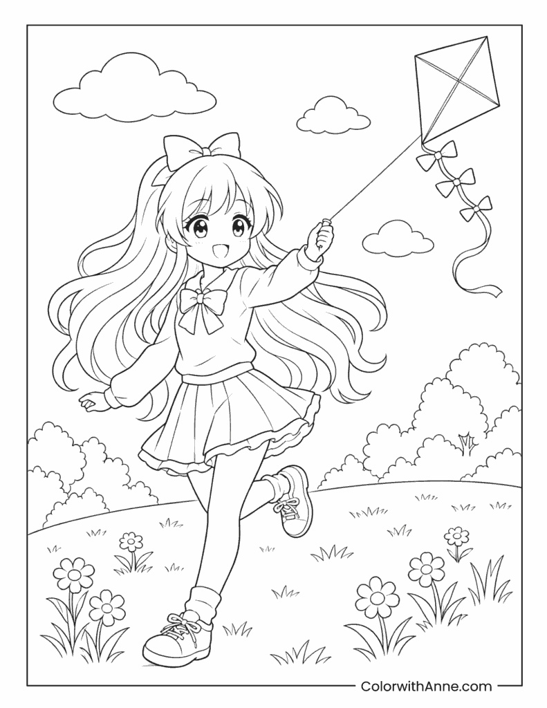 Anime Girl Flying a Kite Spring Coloring Page