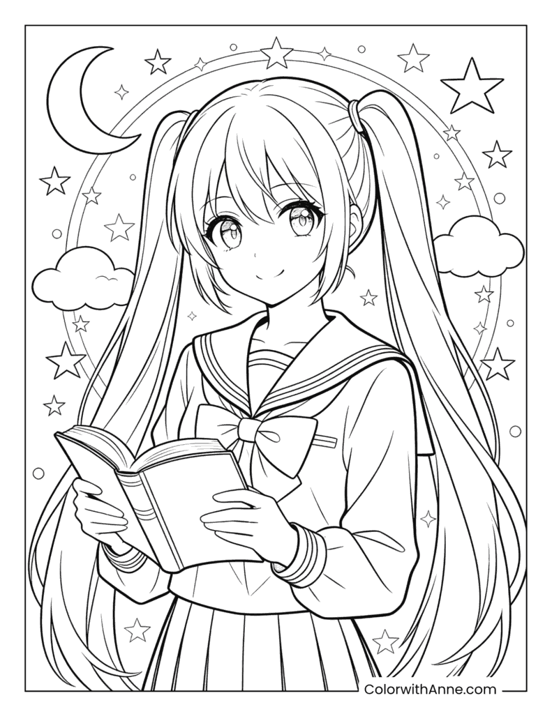 Anime Girl Reading Under a Starry Night Coloring Page