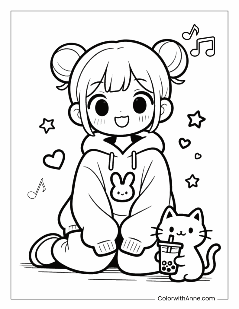 Anime Girl and Cat Coloring Page