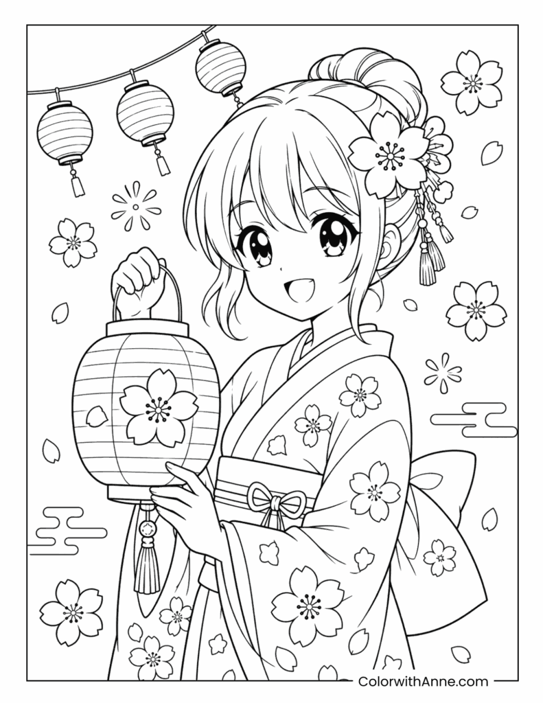 Anime Girl in a Floral Kimono Holding a Lantern Coloring Page