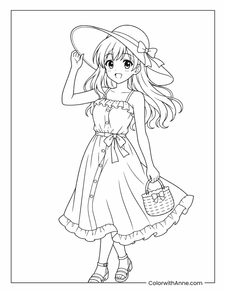 Anime Girl in a Summer Dress and Sun Hat Coloring Page