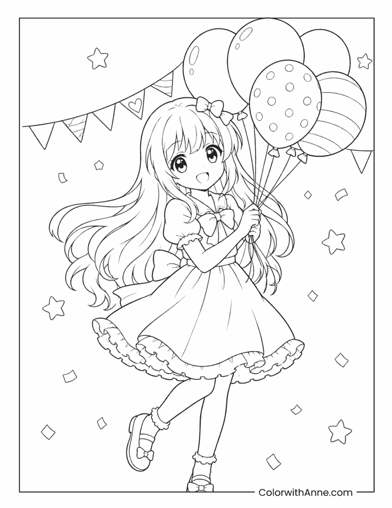 Anime Girl with Balloons Coloring Page for Kids Easy