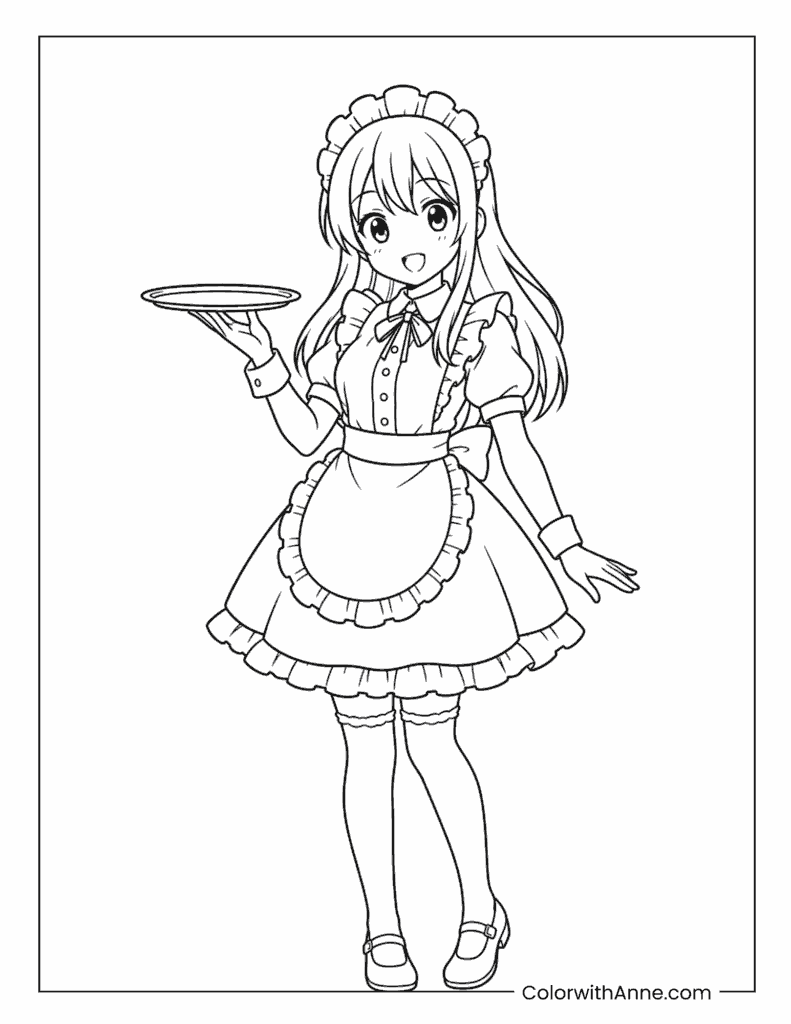 Anime Maid Girl Holding a Serving Tray Coloring Page
