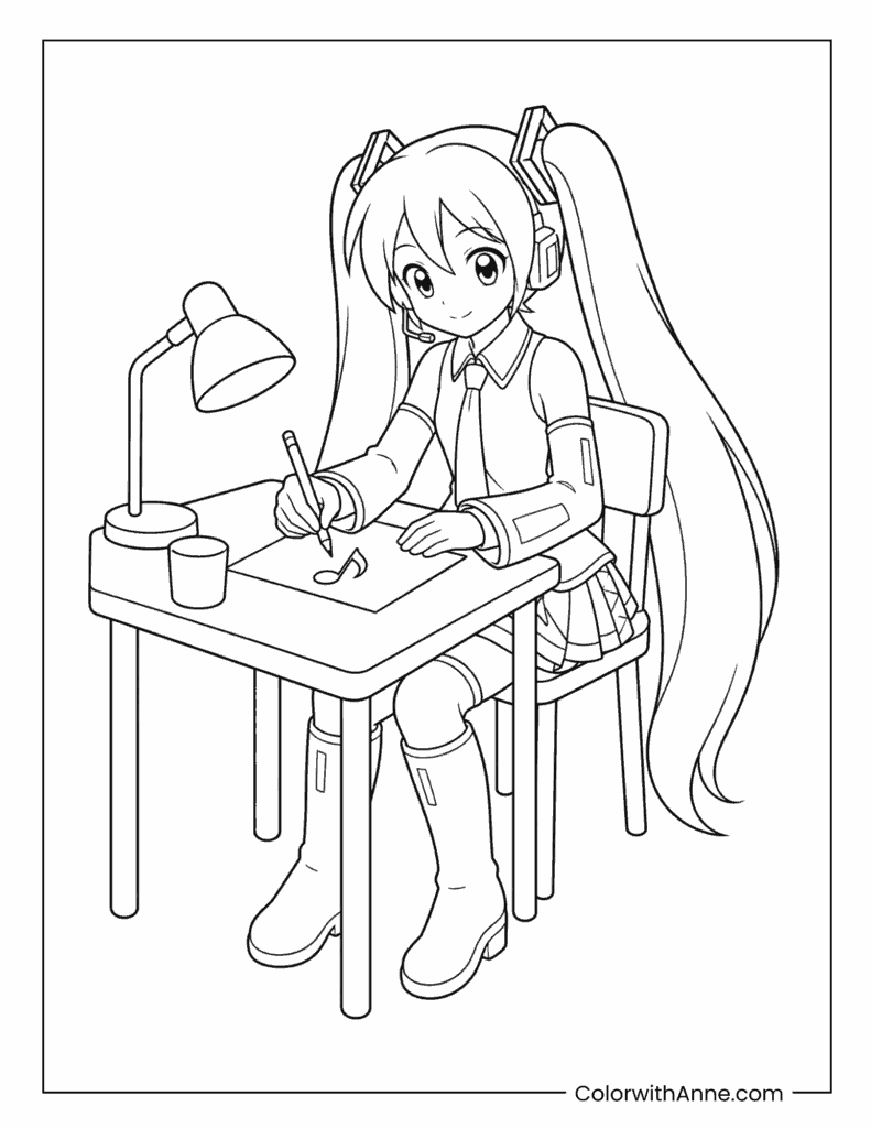Anime Miku Drawing at Her Desk Coloring Page