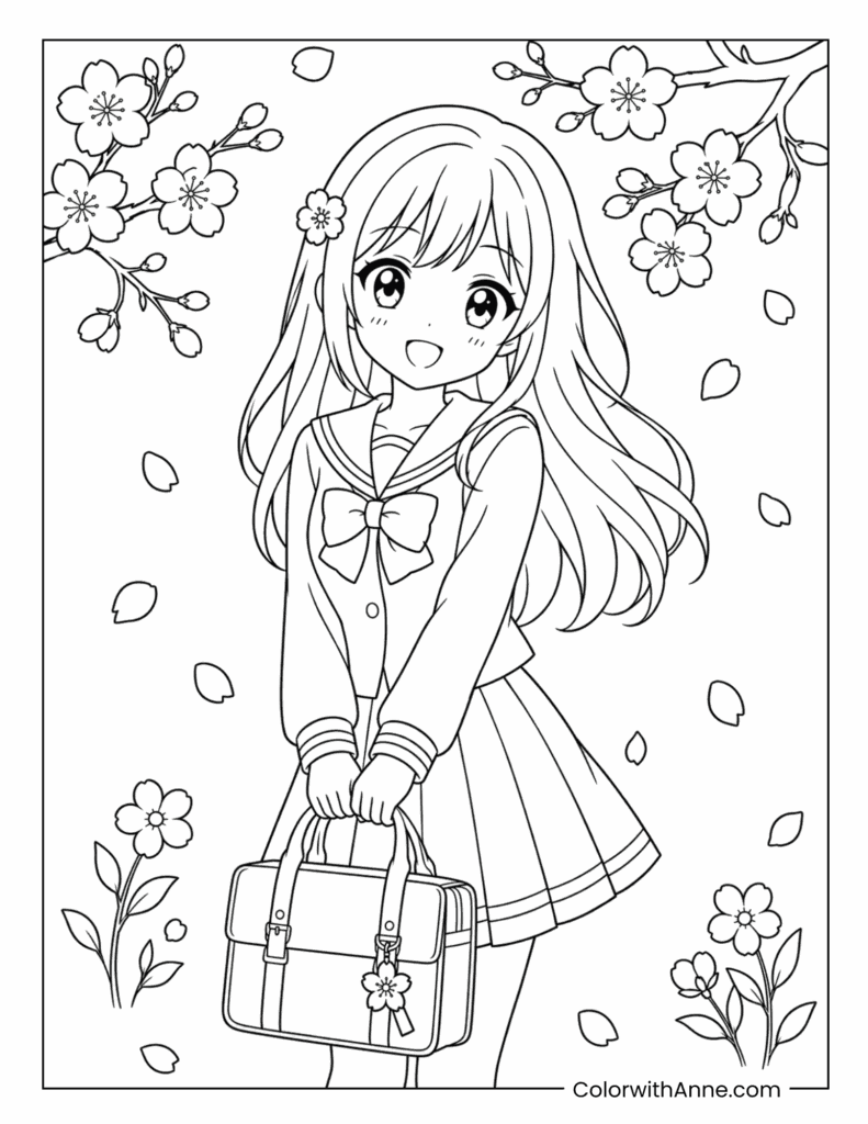 Anime School Girl Under Cherry Blossoms Coloring Page