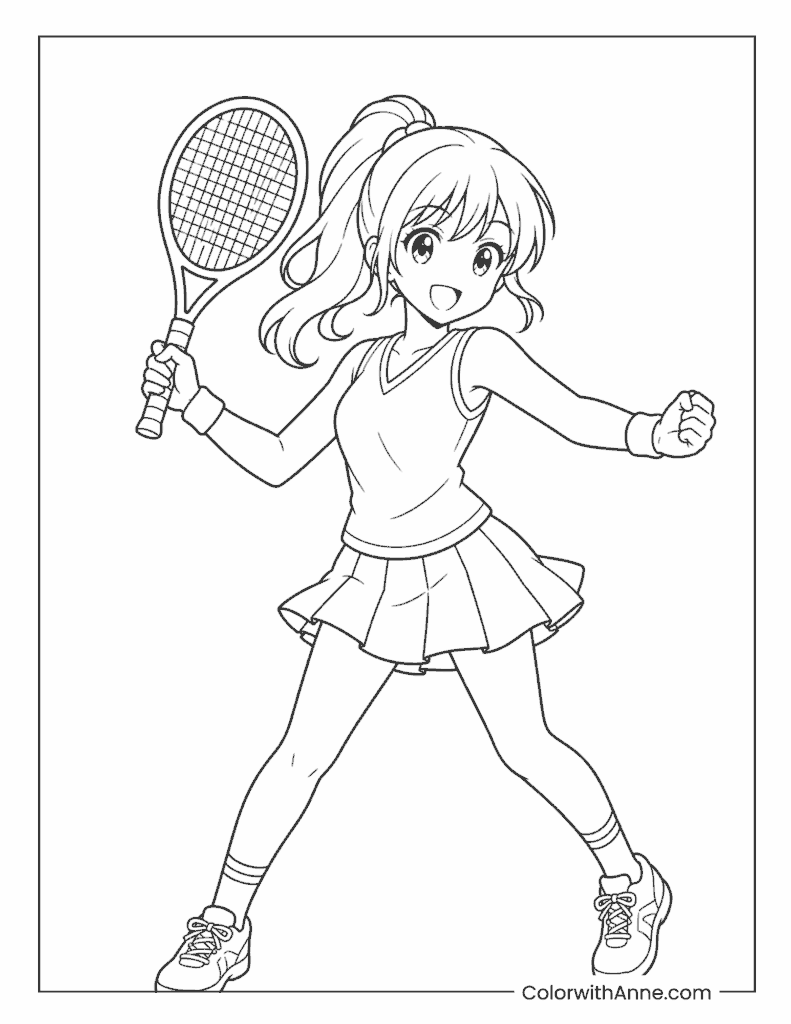 Anime Tennis Girl Action Pose Coloring Page for Kids