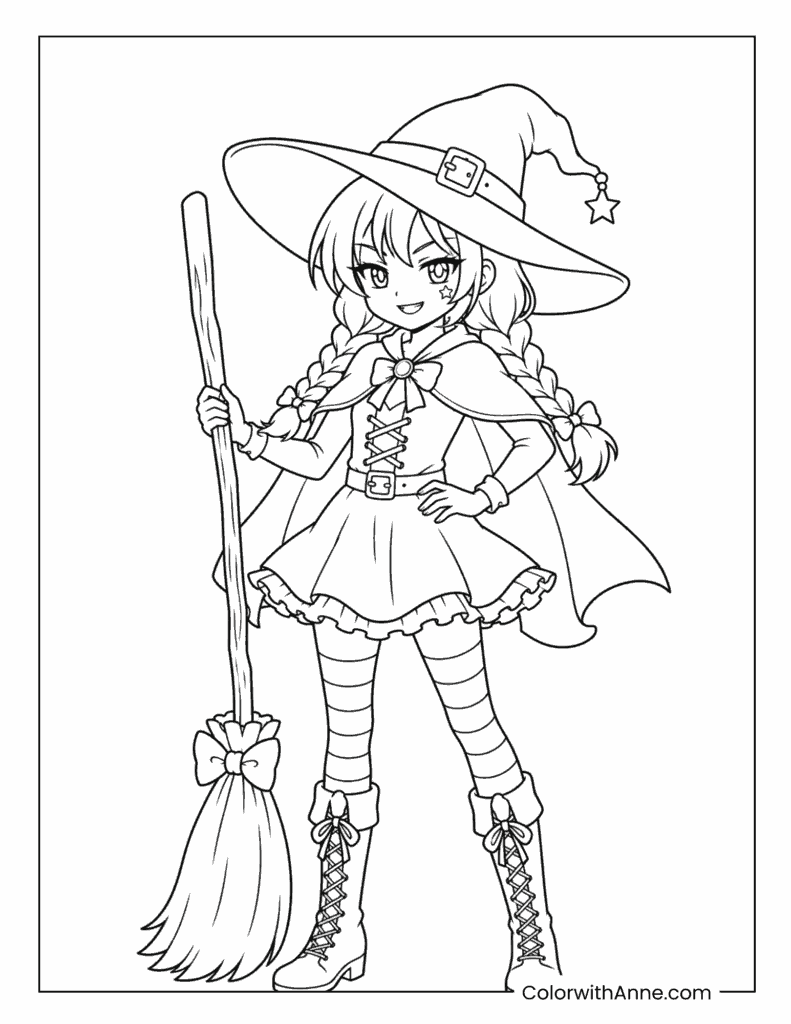 Anime Witch Girl with Broom Coloring Page