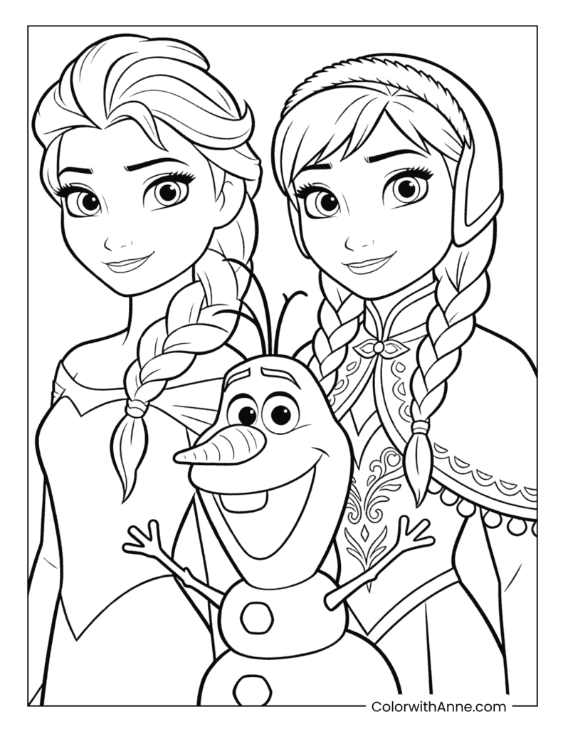 Anna, Elsa and Olaf Frozen Coloring Page