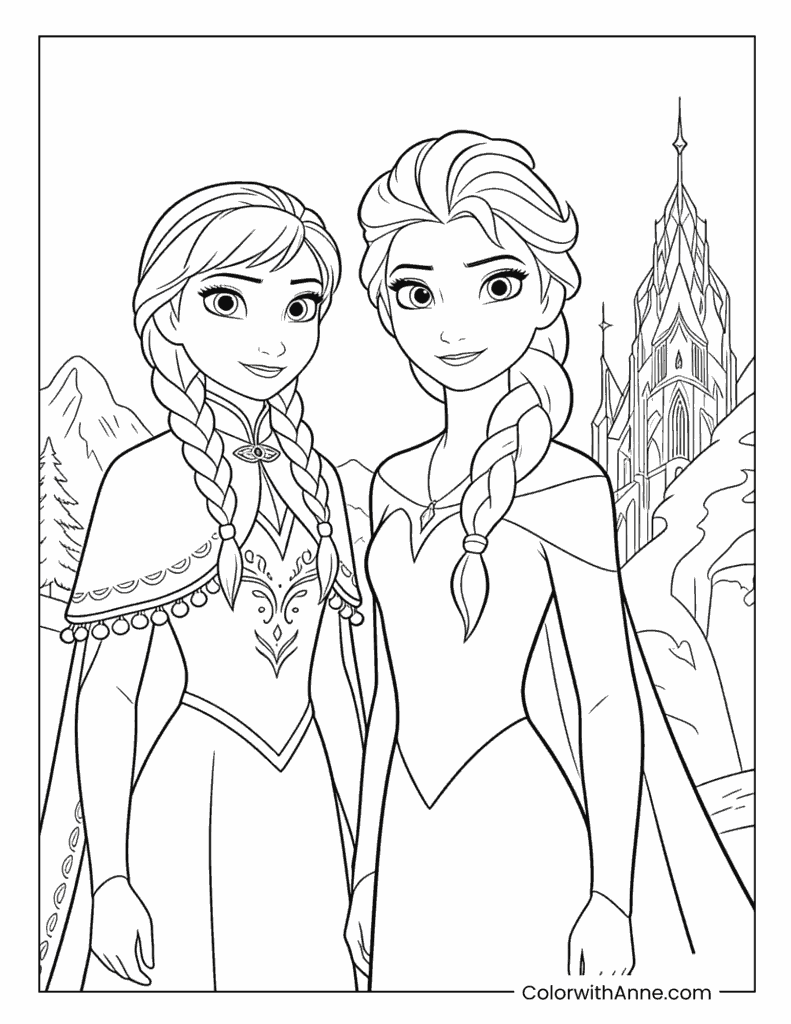 Anna and Elsa with Castle Frozen Coloring Page