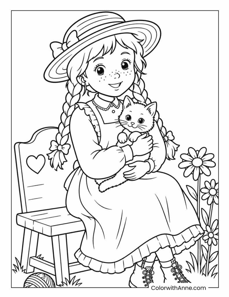 Anne Cuddling a Cute Kitten Coloring Page