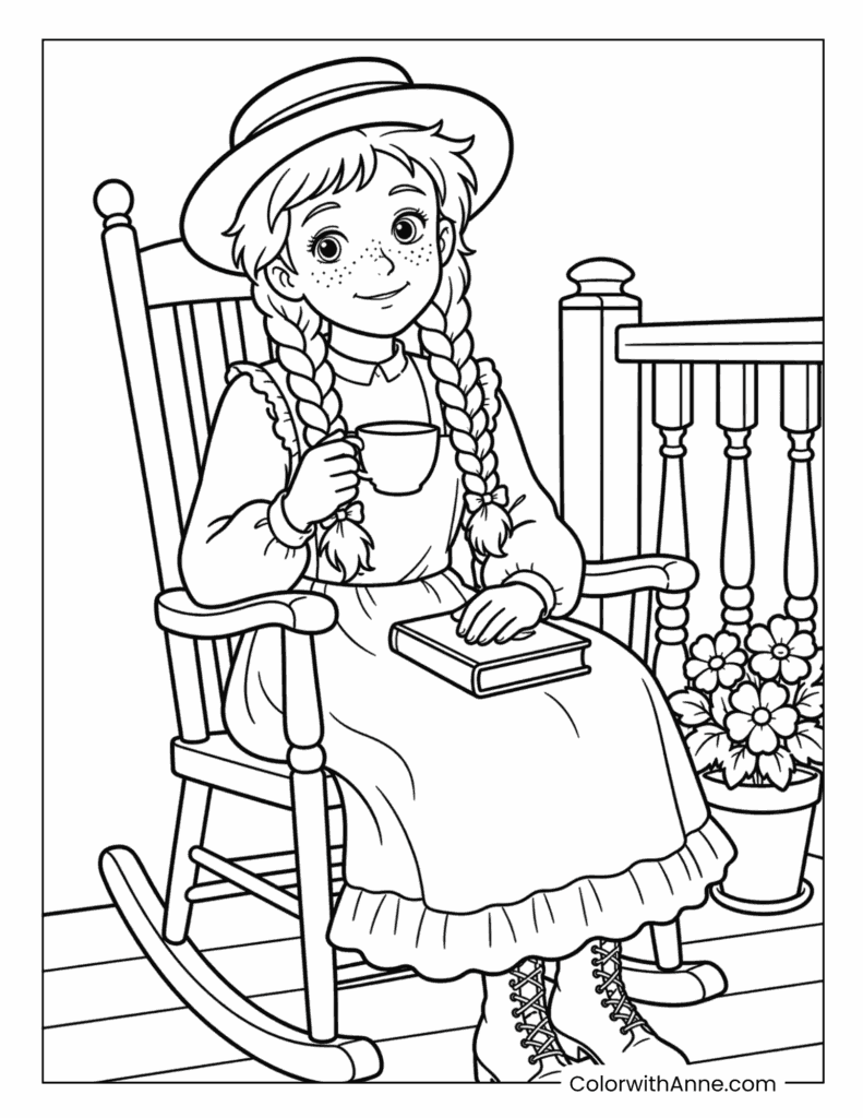 Anne Drinking Tea on the Porch Rocking Chair Coloring Page