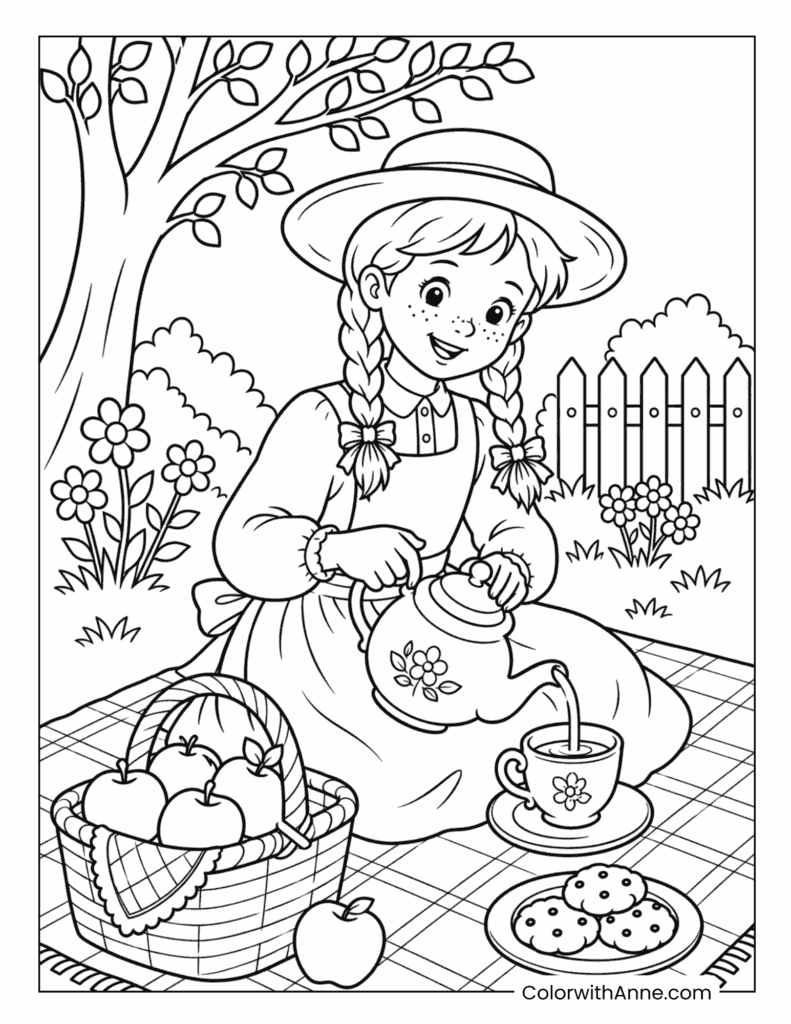 Anne Enjoying a Tea Picnic Coloring Page