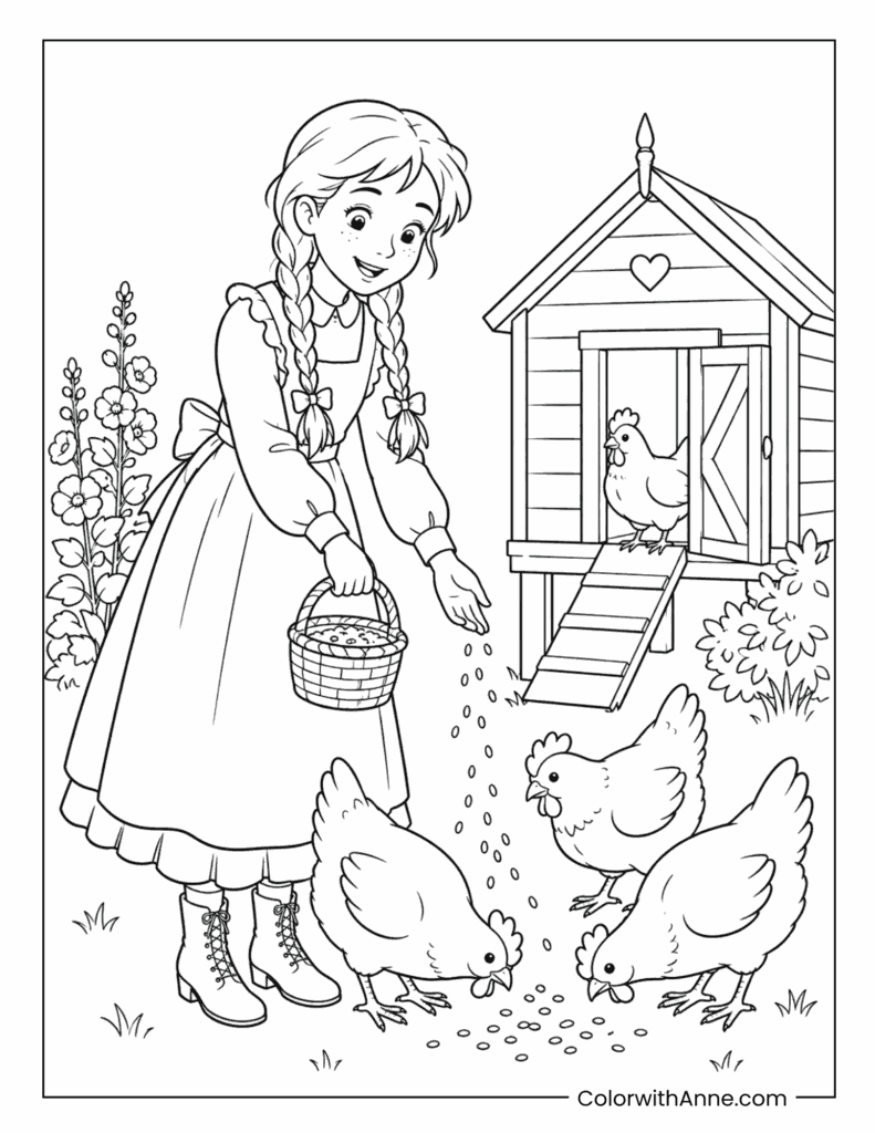 Anne Feeding Chickens by the Coop Coloring Page