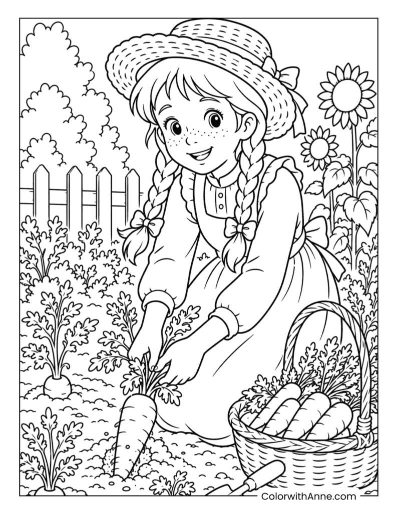 Anne Harvesting Carrots in the Garden Coloring Page