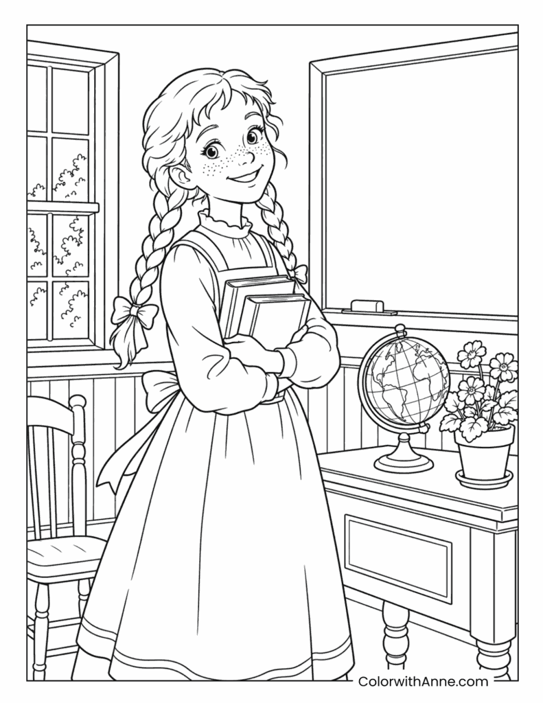Anne Holding Books in the Classroom Coloring Page