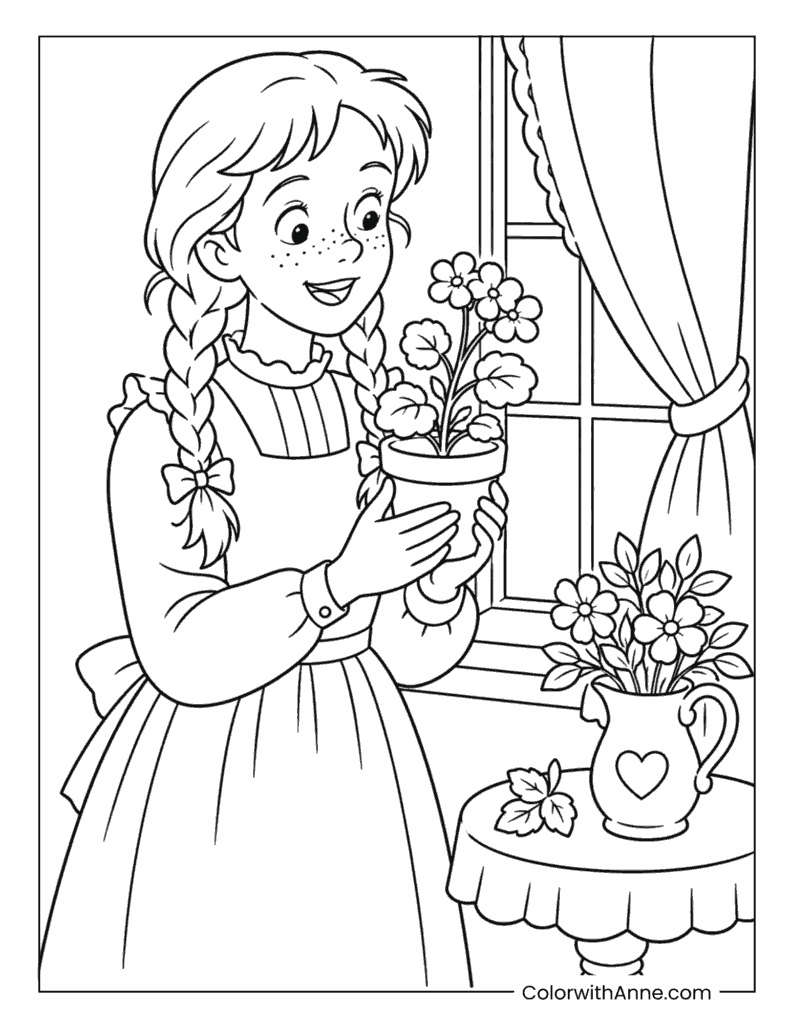 Anne Holding a Flower Pot by the Window Coloring Page