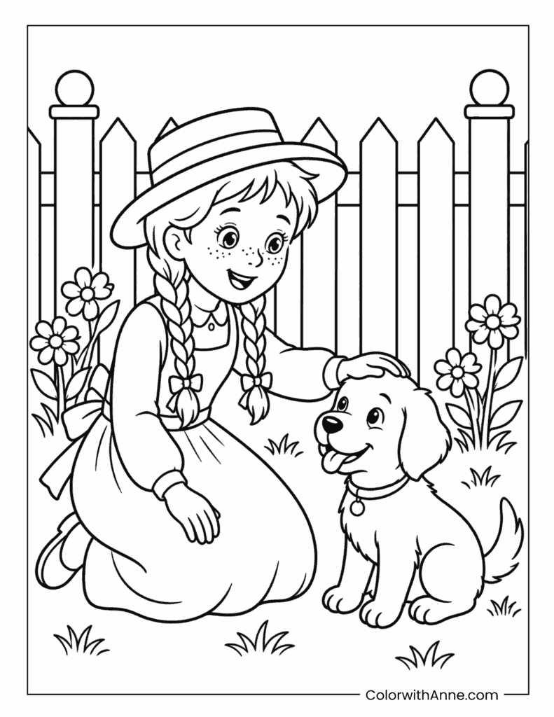 Anne Petting a Friendly Dog Coloring Page