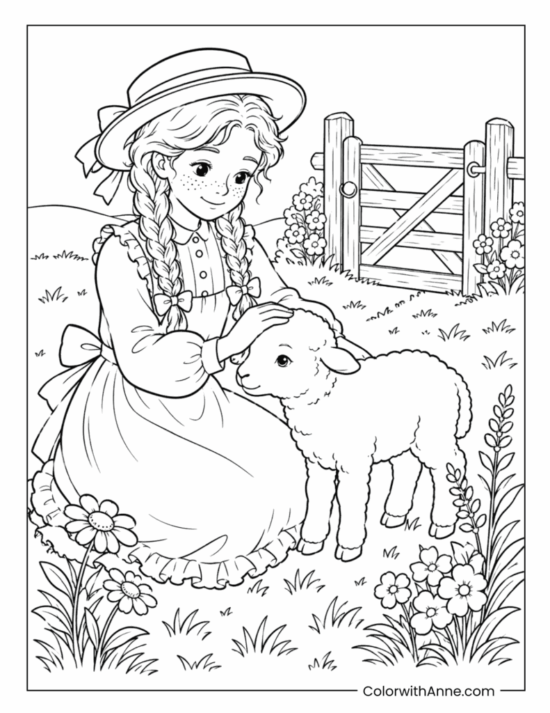 Anne Petting a Little Lamb Coloring Page