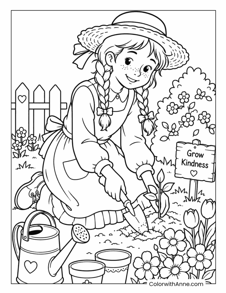 Anne Planting Flowers in the Garden Coloring Page