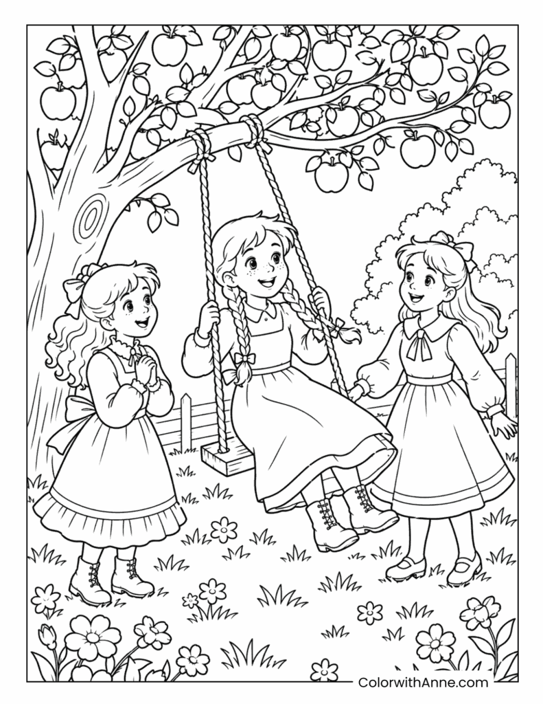 Anne Playing on the Apple Tree Swing with Friends Coloring Page