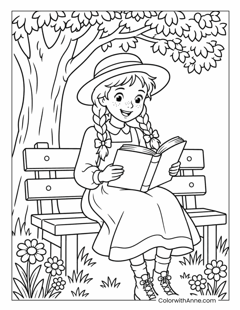 Anne Reading on a Garden Bench Coloring Page