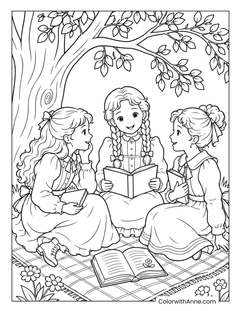 Anne Reading with Friends Under the Tree Coloring Page