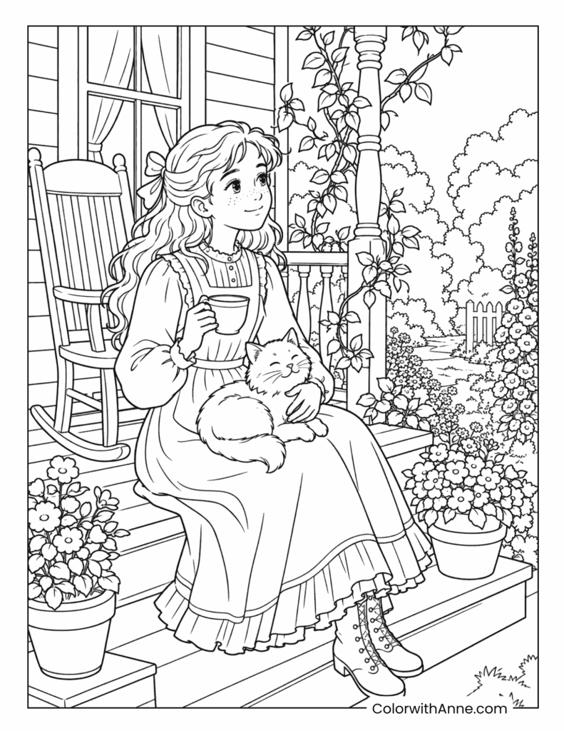 Anne Relaxing on the Porch with a Cat Coloring Page