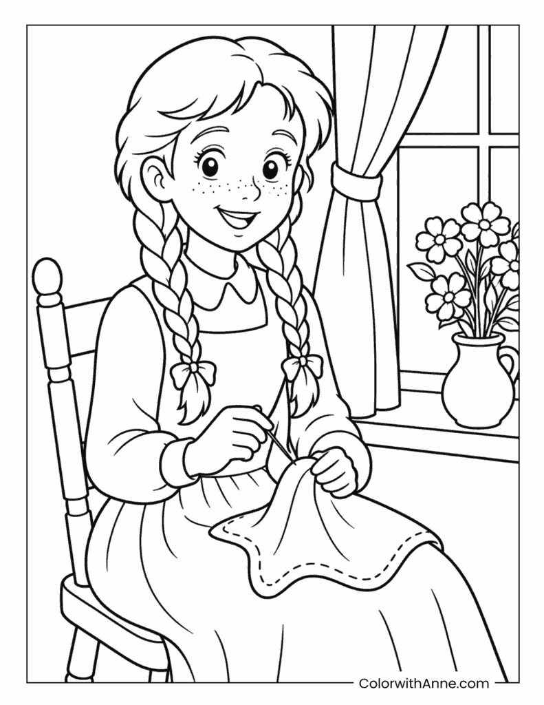 Anne Sewing by the Window Coloring Page