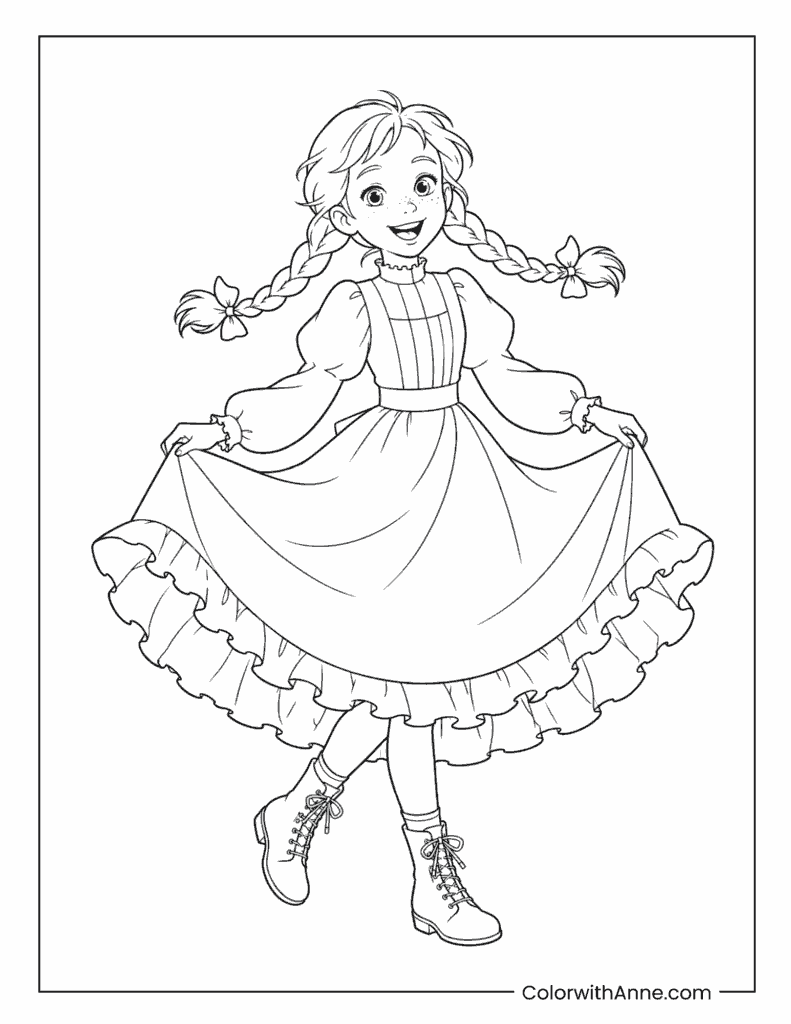 Anne Shirley Twirling in Her Ruffled Dress Coloring Page