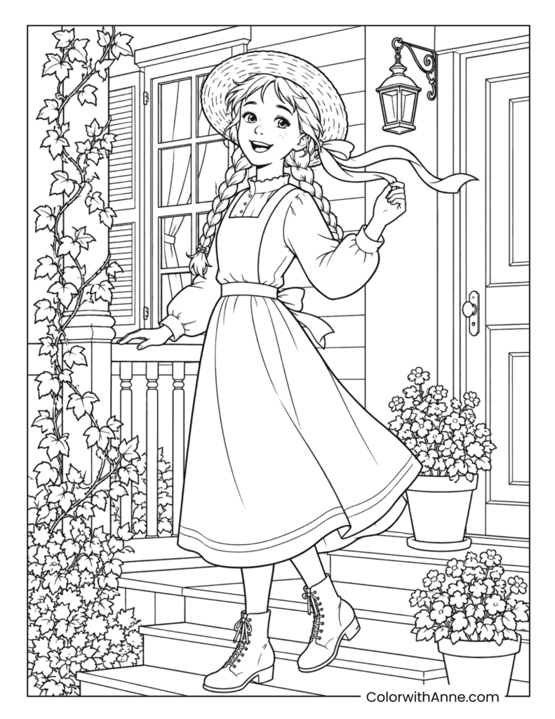 Anne Standing on the Green Gables Porch Coloring Page