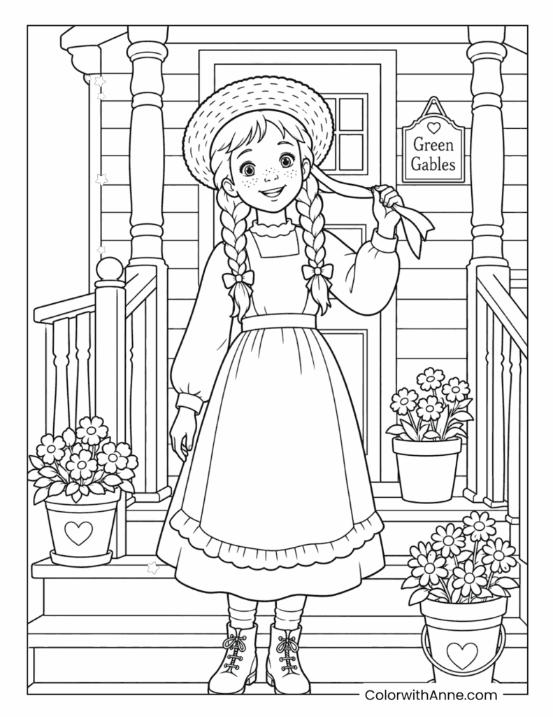 Anne Standing on the Green Gables Porch Coloring Page for Kids