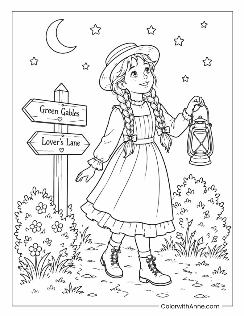 Anne Walking Near Lover’s Lane at Night Coloring Page