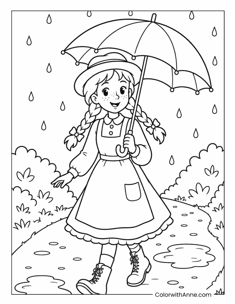 Anne Walking in the Rain with an Umbrella Coloring Page