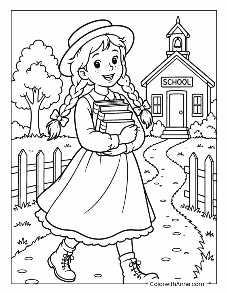 Anne Walking to School with Books Coloring Page