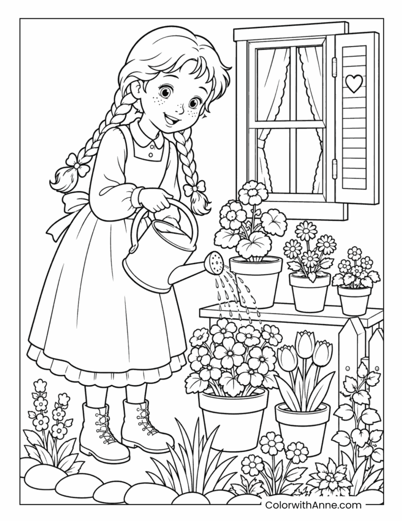 Anne Watering Flowers by the Window Coloring Page