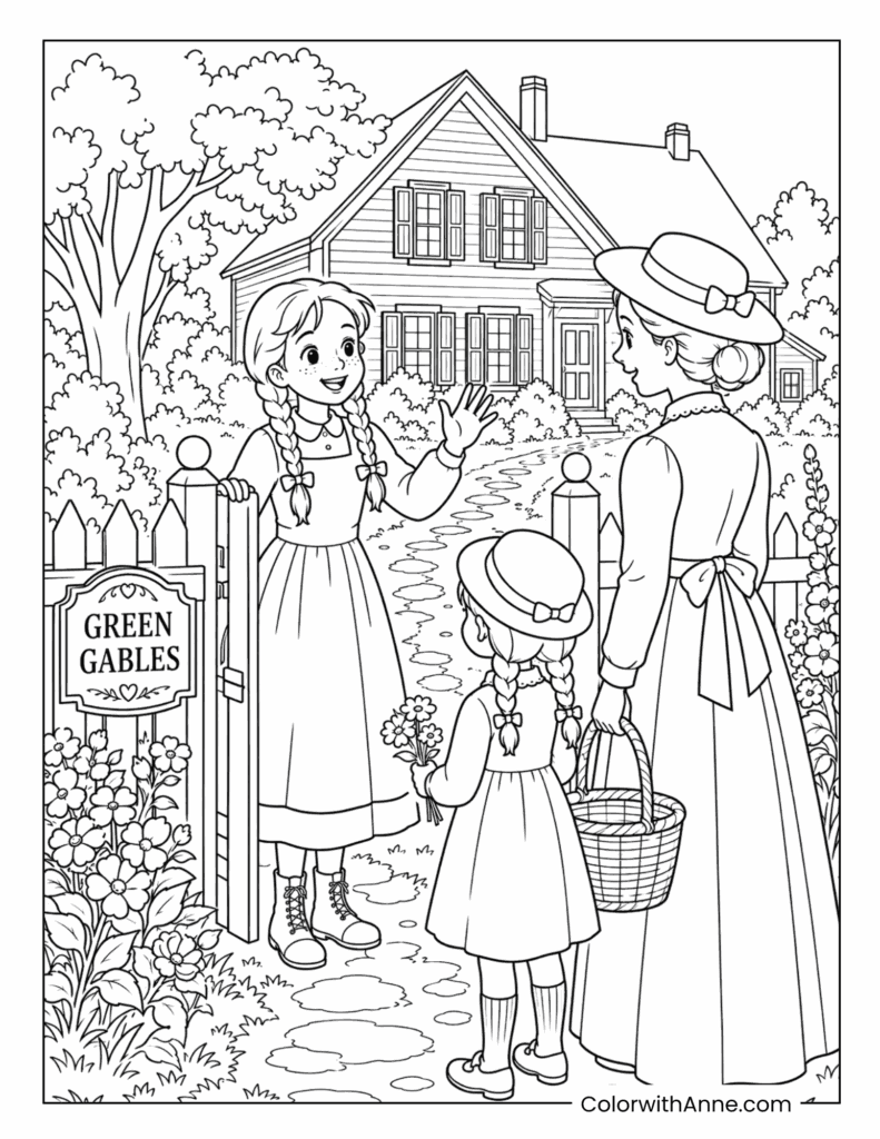 Anne Welcoming Friends to Green Gables Coloring Page