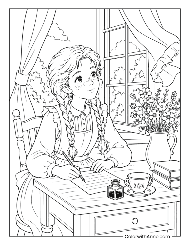 Anne Writing at Her Desk Coloring Page
