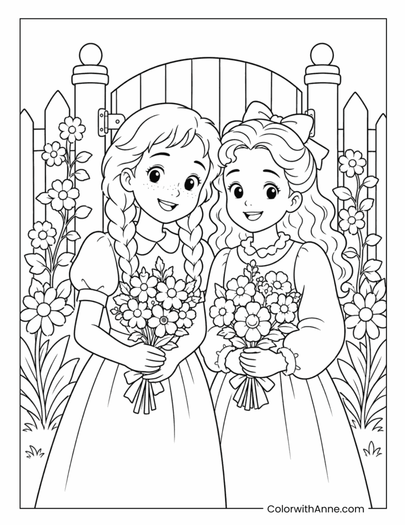 Anne and Diana Holding Flower Bouquets Coloring Page