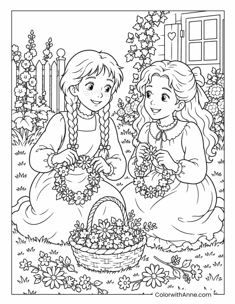 Anne and Diana Making Flower Crowns Coloring Page