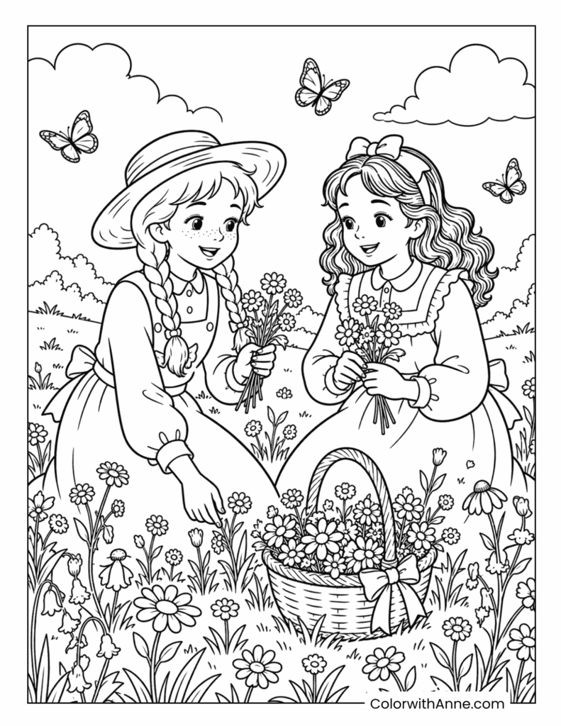 Anne and Diana Picking Wildflowers Coloring Page